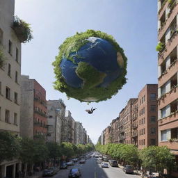 Visualize Earth with no gravity: buildings, cars, and objects levitating, trees and plants growing chaotically without a defined 'up', and people floating in the air, trying to grapple with their new weightless state.