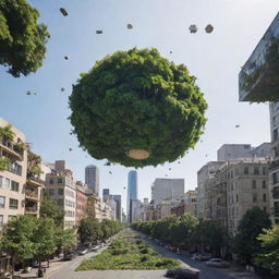 Visualize Earth with no gravity: buildings, cars, and objects levitating, trees and plants growing chaotically without a defined 'up', and people floating in the air, trying to grapple with their new weightless state.