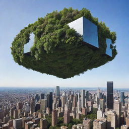 Visualize Earth with no gravity: buildings, cars, and objects levitating, trees and plants growing chaotically without a defined 'up', and people floating in the air, trying to grapple with their new weightless state.