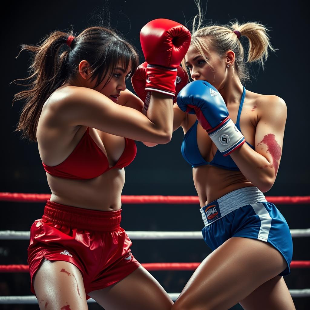 an intense and dramatic boxing scene featuring two female boxers, one wearing a blue bikini and the other in a red bikini