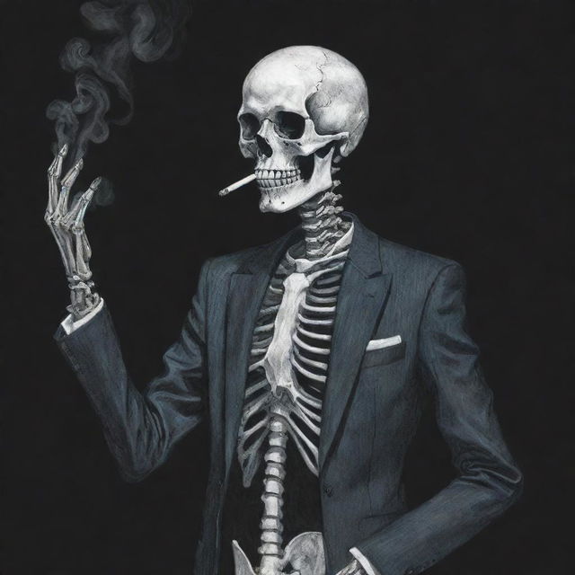 A flat, 2D depiction of a hand-drawn skeleton clad in a crisply tailored suit, engaging in the act of smoking, captured within the bounds of two dimensions yet packed with stirring details.