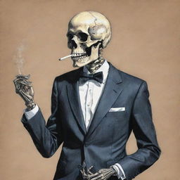 A flat, 2D depiction of a hand-drawn skeleton clad in a crisply tailored suit, engaging in the act of smoking, captured within the bounds of two dimensions yet packed with stirring details.