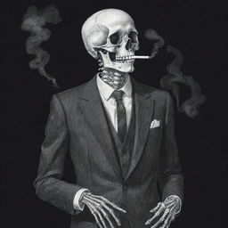 A flat, 2D depiction of a hand-drawn skeleton clad in a crisply tailored suit, engaging in the act of smoking, captured within the bounds of two dimensions yet packed with stirring details.