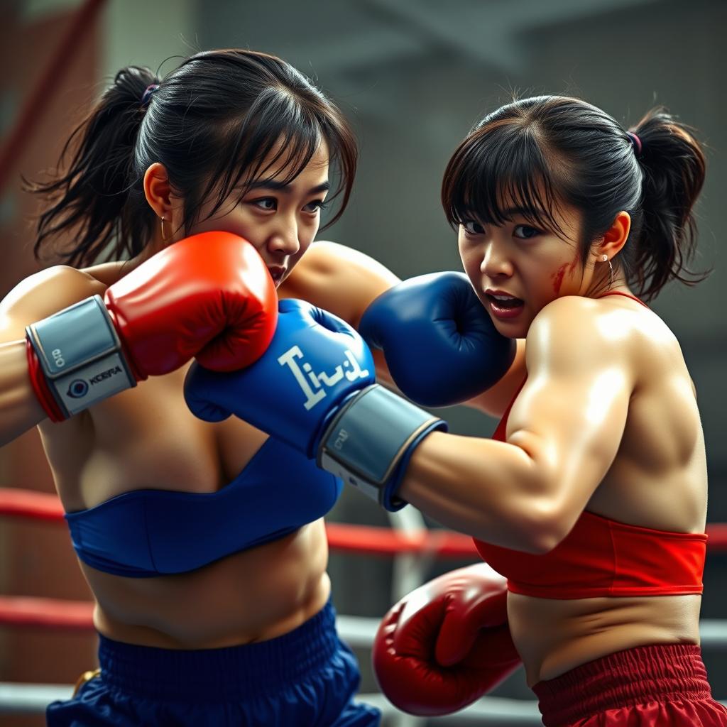 Two female boxers with Korean features engaged in an intense boxing match