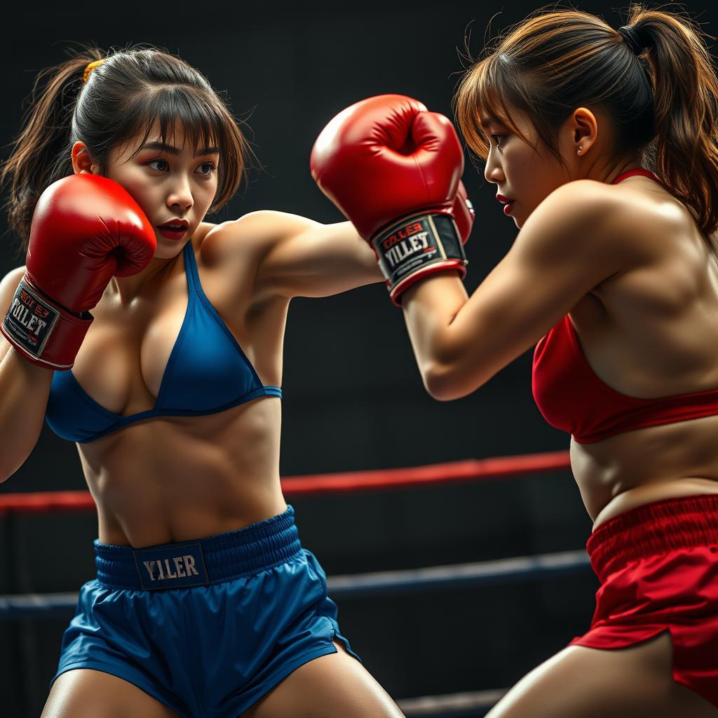 Two female boxers with Korean features engaged in an intense boxing match