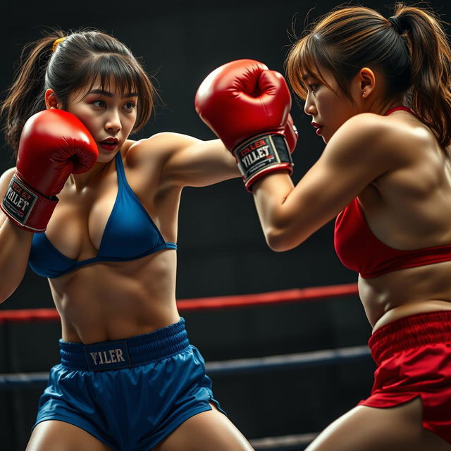 Two female boxers with Korean features engaged in an intense boxing match