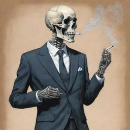 A flat, 2D depiction of a hand-drawn skeleton clad in a crisply tailored suit, engaging in the act of smoking, captured within the bounds of two dimensions yet packed with stirring details.