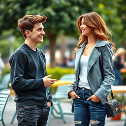 A charming scene featuring an insecure young man and a confident, beautiful woman having a conversation while smiling warmly