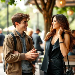 A charming scene featuring an insecure young man and a confident, beautiful woman having a conversation while smiling warmly