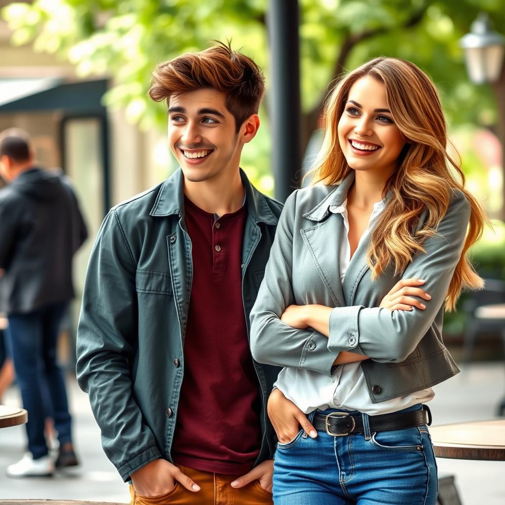 A charming scene featuring an insecure young man and a confident, beautiful woman having a conversation while smiling warmly