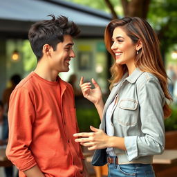 A charming scene featuring an insecure young man and a confident, beautiful woman having a conversation while smiling warmly