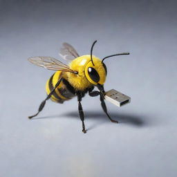 A bee carrying a tiny USB stick in its legs, implying it is stealing information