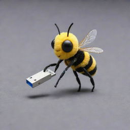 A bee carrying a tiny USB stick in its legs, implying it is stealing information