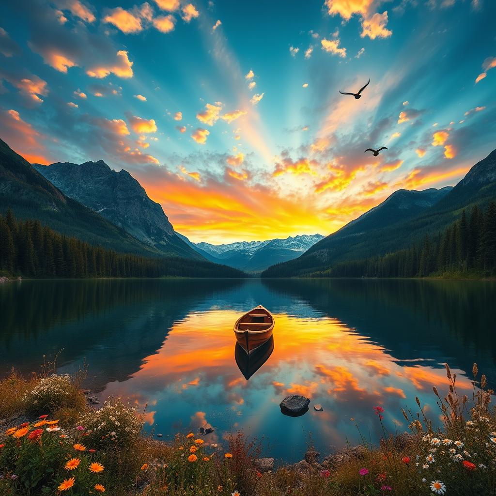 A captivating landscape showcasing a serene lake surrounded by lush forests and majestic mountains under a vibrant sunset sky