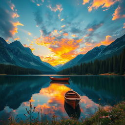 A captivating landscape showcasing a serene lake surrounded by lush forests and majestic mountains under a vibrant sunset sky