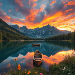 A captivating landscape showcasing a serene lake surrounded by lush forests and majestic mountains under a vibrant sunset sky