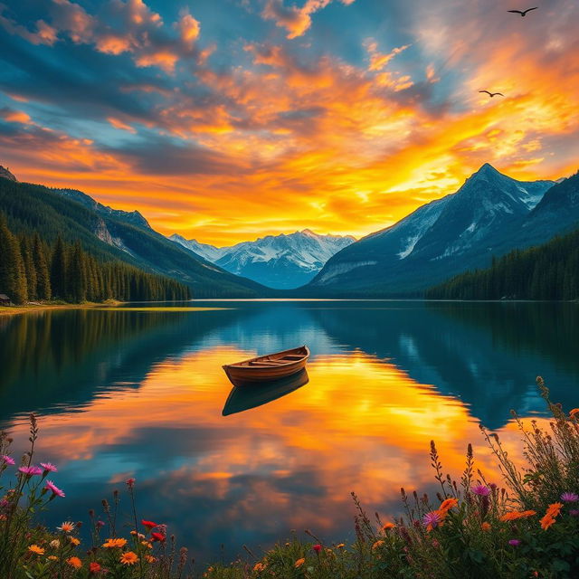 A captivating landscape showcasing a serene lake surrounded by lush forests and majestic mountains under a vibrant sunset sky