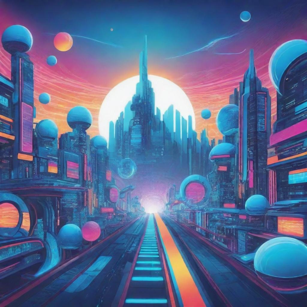 Create a detailed 2D vector background image for the technology dreamworld setting, maintaining the vibrant, futuristic theme.