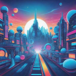 Create a detailed 2D vector background image for the technology dreamworld setting, maintaining the vibrant, futuristic theme.