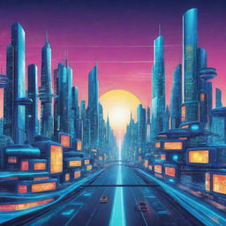 Create a detailed 2D vector background image for the technology dreamworld setting, maintaining the vibrant, futuristic theme.