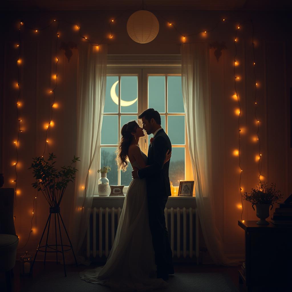 A romantic scene set in a dimly lit room with a soft, soothing ambiance