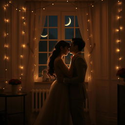 A romantic scene set in a dimly lit room with a soft, soothing ambiance