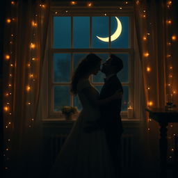 A romantic scene set in a dimly lit room with a soft, soothing ambiance