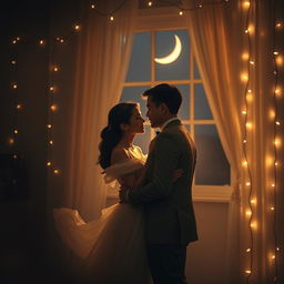 A romantic scene set in a dimly lit room with a soft, soothing ambiance