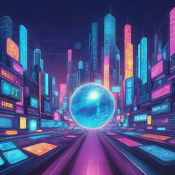 Create a detailed 2D vector background image for the technology dreamworld setting, maintaining the vibrant, futuristic theme.