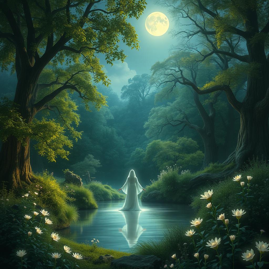 A serene scene of an enchanted forest bathed in the soft glow of moonlight, with ethereal whispers gently floating through the air