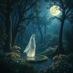 A serene scene of an enchanted forest bathed in the soft glow of moonlight, with ethereal whispers gently floating through the air