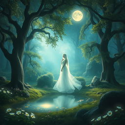 A serene scene of an enchanted forest bathed in the soft glow of moonlight, with ethereal whispers gently floating through the air