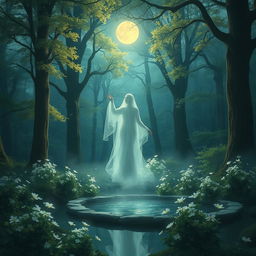 A serene scene of an enchanted forest bathed in the soft glow of moonlight, with ethereal whispers gently floating through the air