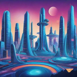 Create a detailed 2D vector background image for the technology dreamworld setting, maintaining the vibrant, futuristic theme.