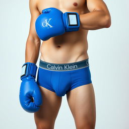 An Asian person wearing blue Calvin Klein underwear and blue boxing gloves, standing confidently in a minimalistic setting