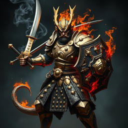 A brass dragonborn samurai fighter from the Dungeons and Dragons universe, showcasing stunning lava-like plate armor