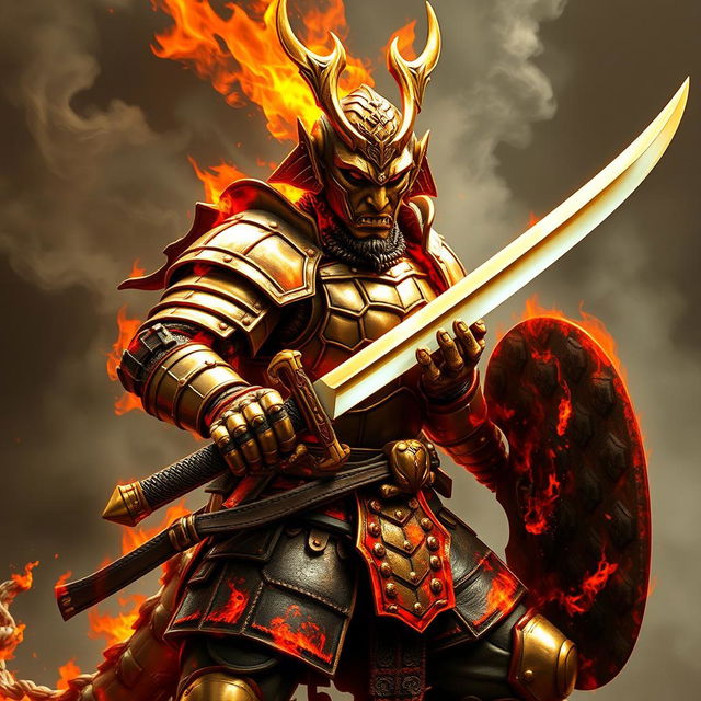 A brass dragonborn samurai fighter from the Dungeons and Dragons universe, showcasing stunning lava-like plate armor