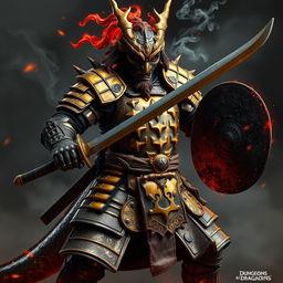 A brass dragonborn samurai fighter from the Dungeons and Dragons universe, showcasing stunning lava-like plate armor