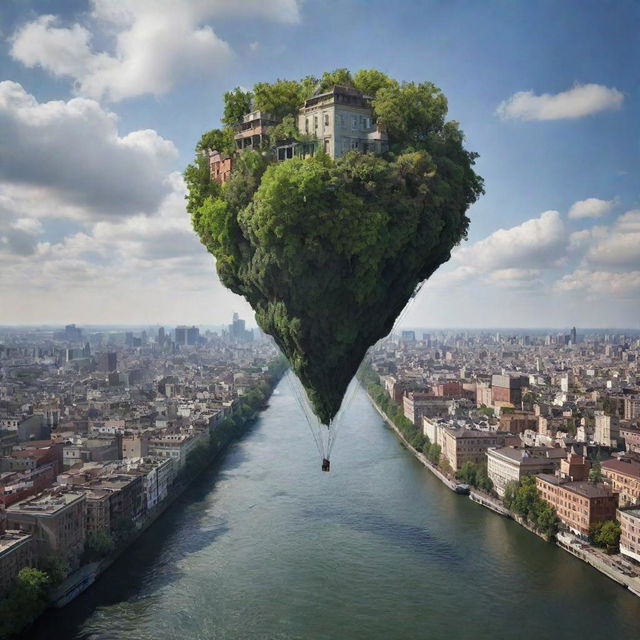 Create a dramatic and vivid depiction of a world absent of gravity, where everything from people to buildings to nature is released from its earthly tether, floating freely without direction or restraint.