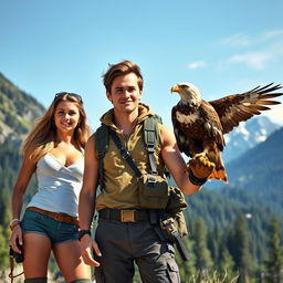 Two sexy female adventurers, a handsome 18-year-old young man, and a majestic eagle perched on his hand, all standing in a dramatic wilderness landscape