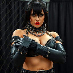 close-up torso shot of a gorgeous female wrestler with striking black hair, wearing shiny black gear adorned with numerous chains, a spiked black collar emphasizing her large chest and cleavage, arms crossed over her body showcasing her strength, a seductive pout on her lips