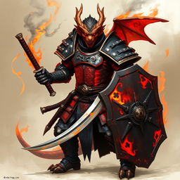 A dragonborn samurai fighter from the Dungeons and Dragons universe, showcasing stunning lava-like plate armor