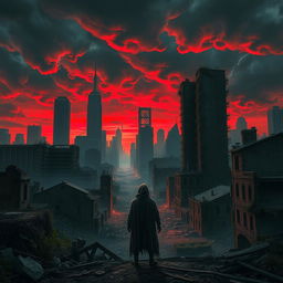 A dystopian cityscape at the end of the world, with crumbling skyscrapers and abandoned streets bathed in an eerie, crimson twilight