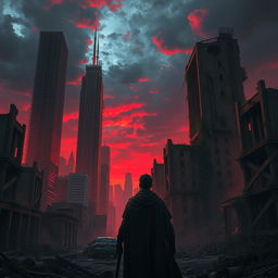 A dystopian cityscape at the end of the world, with crumbling skyscrapers and abandoned streets bathed in an eerie, crimson twilight