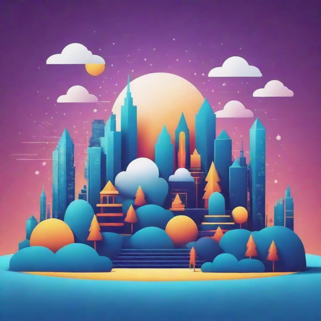 Generate a 2D vector art background image for the technology dreamworld. Incorporate elements and colors symbolizing success as the prevailing mood of the scene.