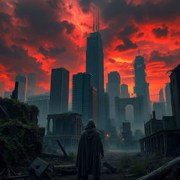 A dystopian cityscape at the end of the world, with crumbling skyscrapers and abandoned streets bathed in an eerie, crimson twilight