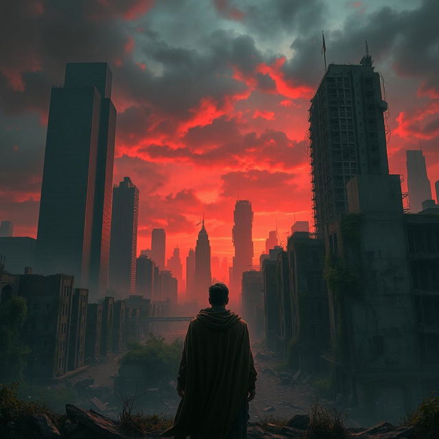 A dystopian cityscape at the end of the world, with crumbling skyscrapers and abandoned streets bathed in an eerie, crimson twilight