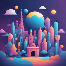 Generate a 2D vector art background image for the technology dreamworld. Incorporate elements and colors symbolizing success as the prevailing mood of the scene.