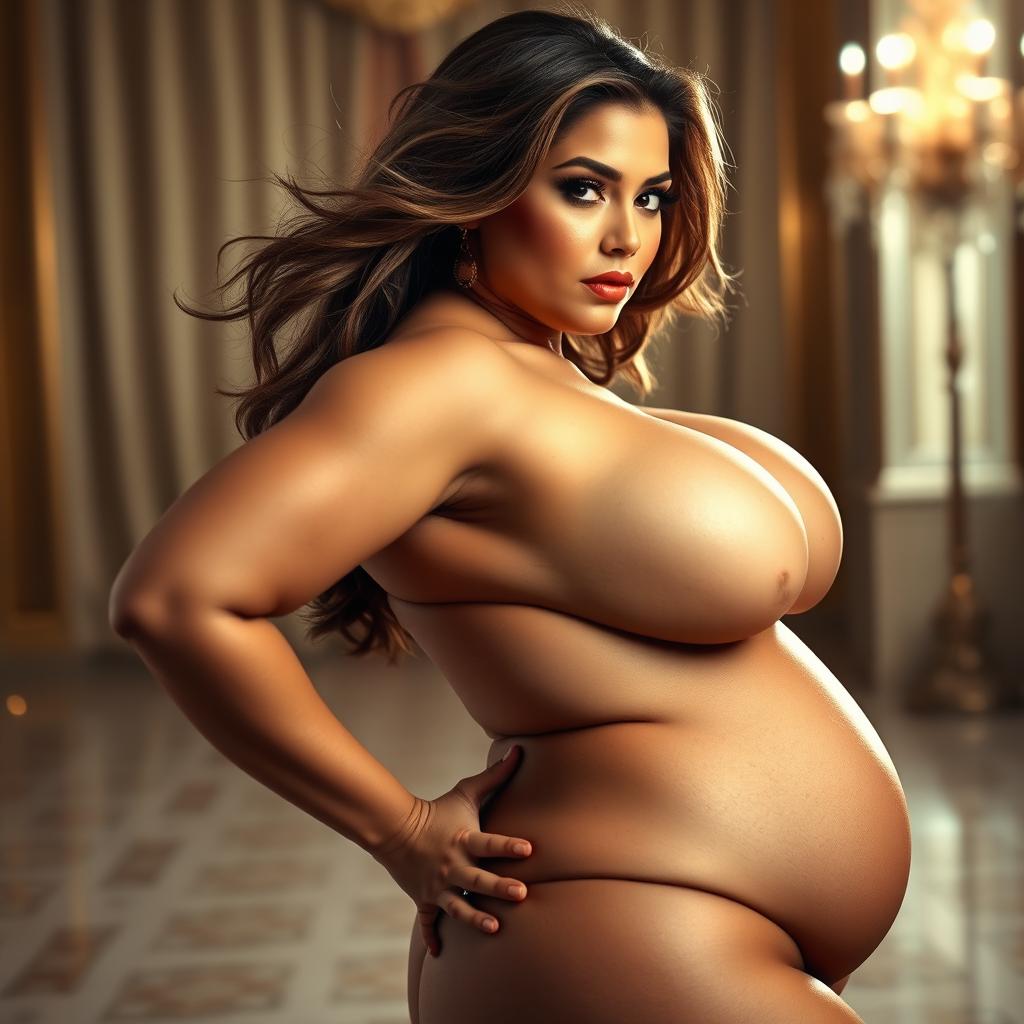 A voluptuous woman with an hourglass figure, featuring large breasts and a curvy backside