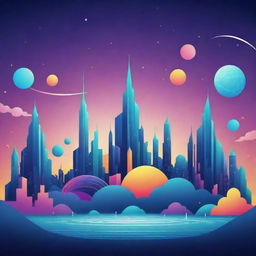 Generate a 2D vector art background image for the technology dreamworld. Incorporate elements and colors symbolizing success as the prevailing mood of the scene.